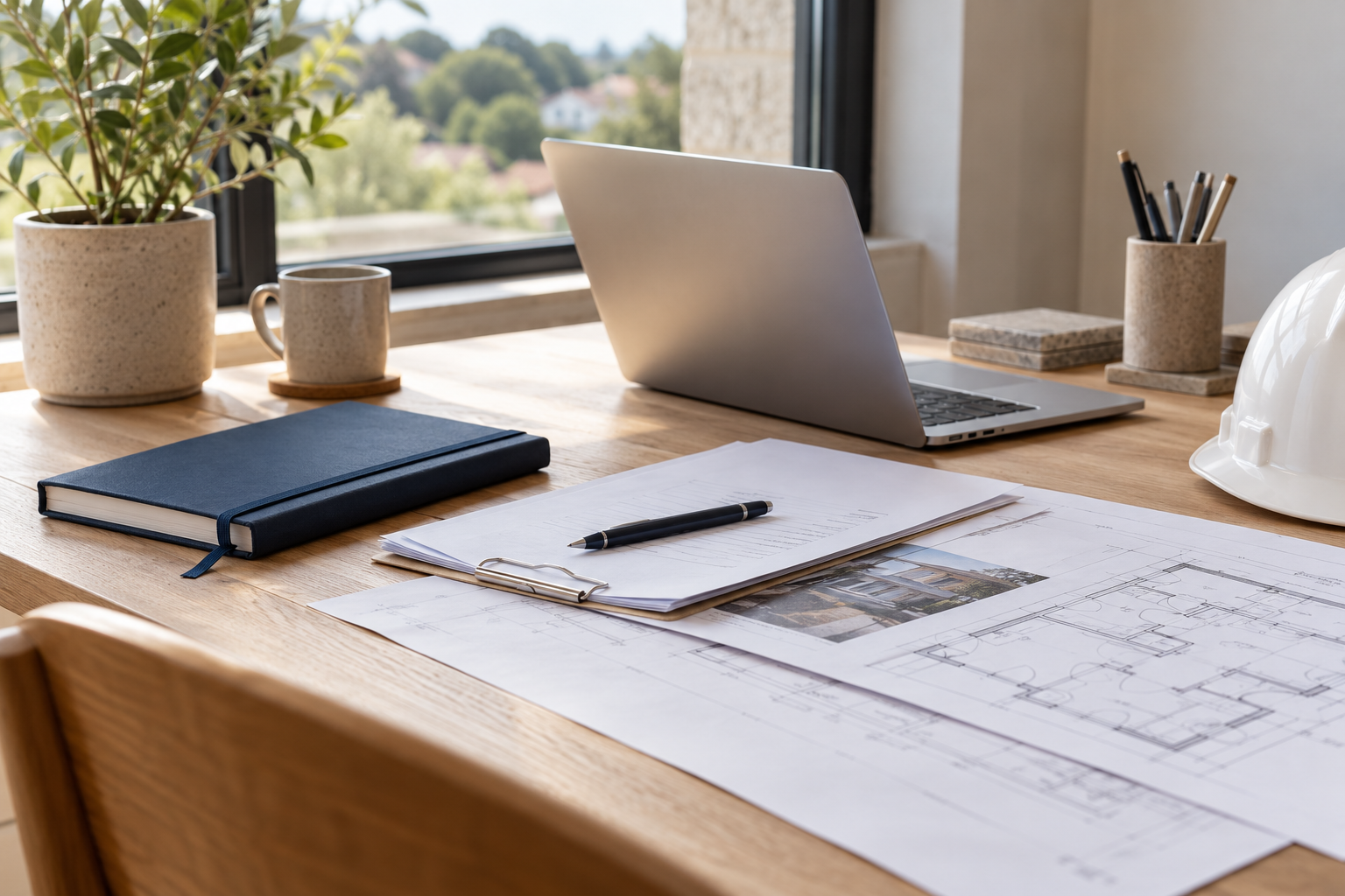 Illustrative workspace with a laptop, organised paperwork, construction plans and a hard hat
